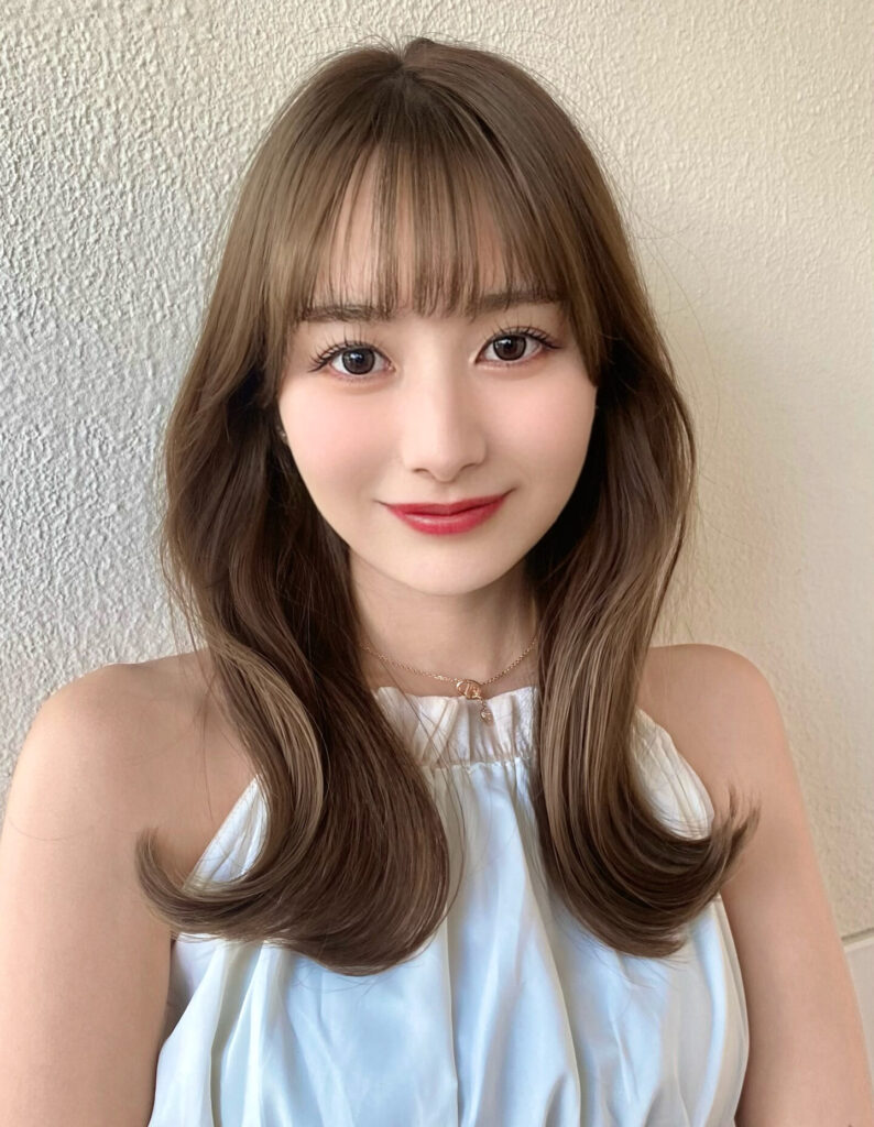 透明感アッシュベージュ×艶ミディ
